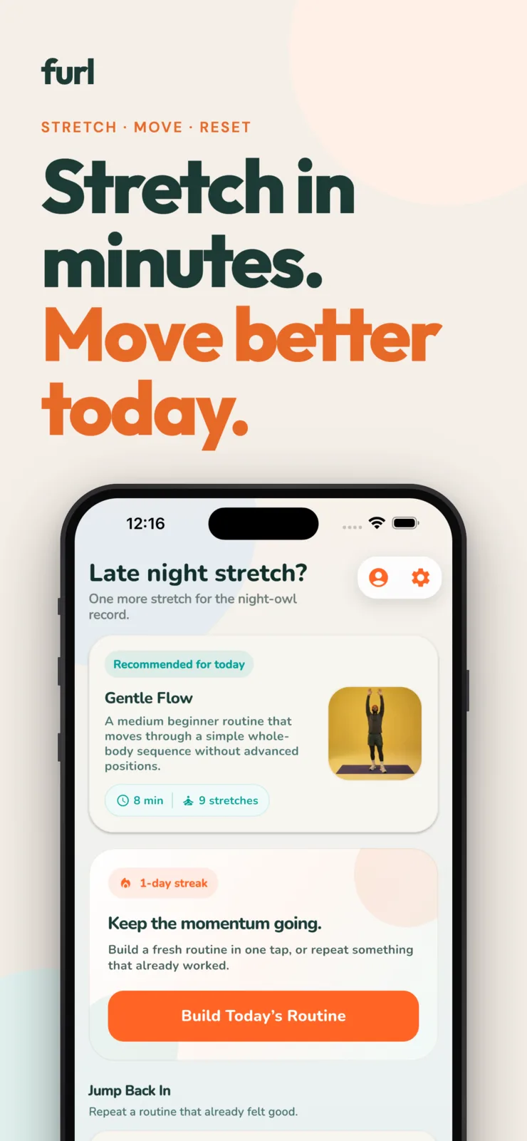 Furl Stretch home screen showing a personalized daily stretching routine