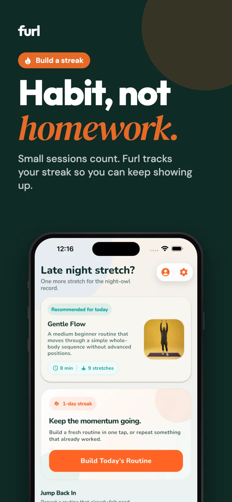 Daily stretching streak and accountability features in Furl Stretch