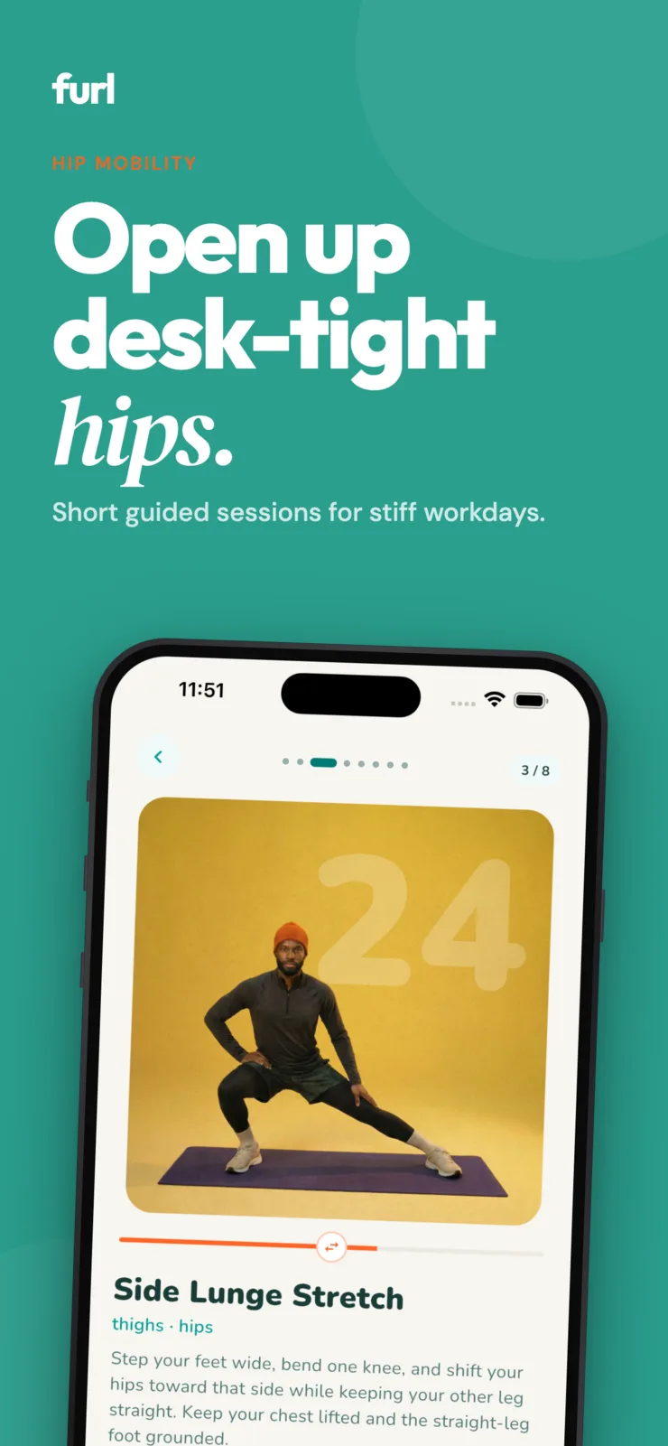 Furl Stretch flexibility routine focused on hips displayed on an iPhone