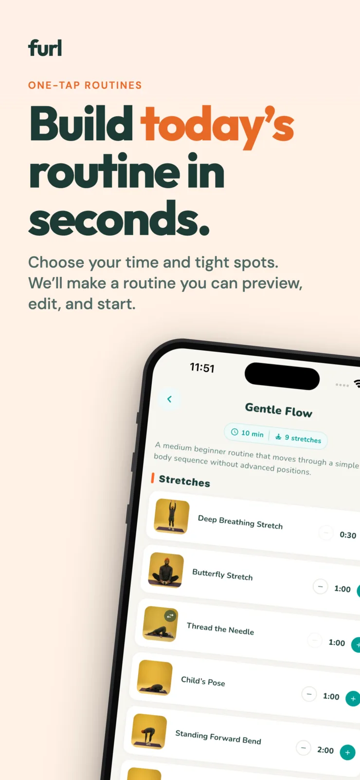 Custom stretching routine builder in the Furl Stretch iPhone app